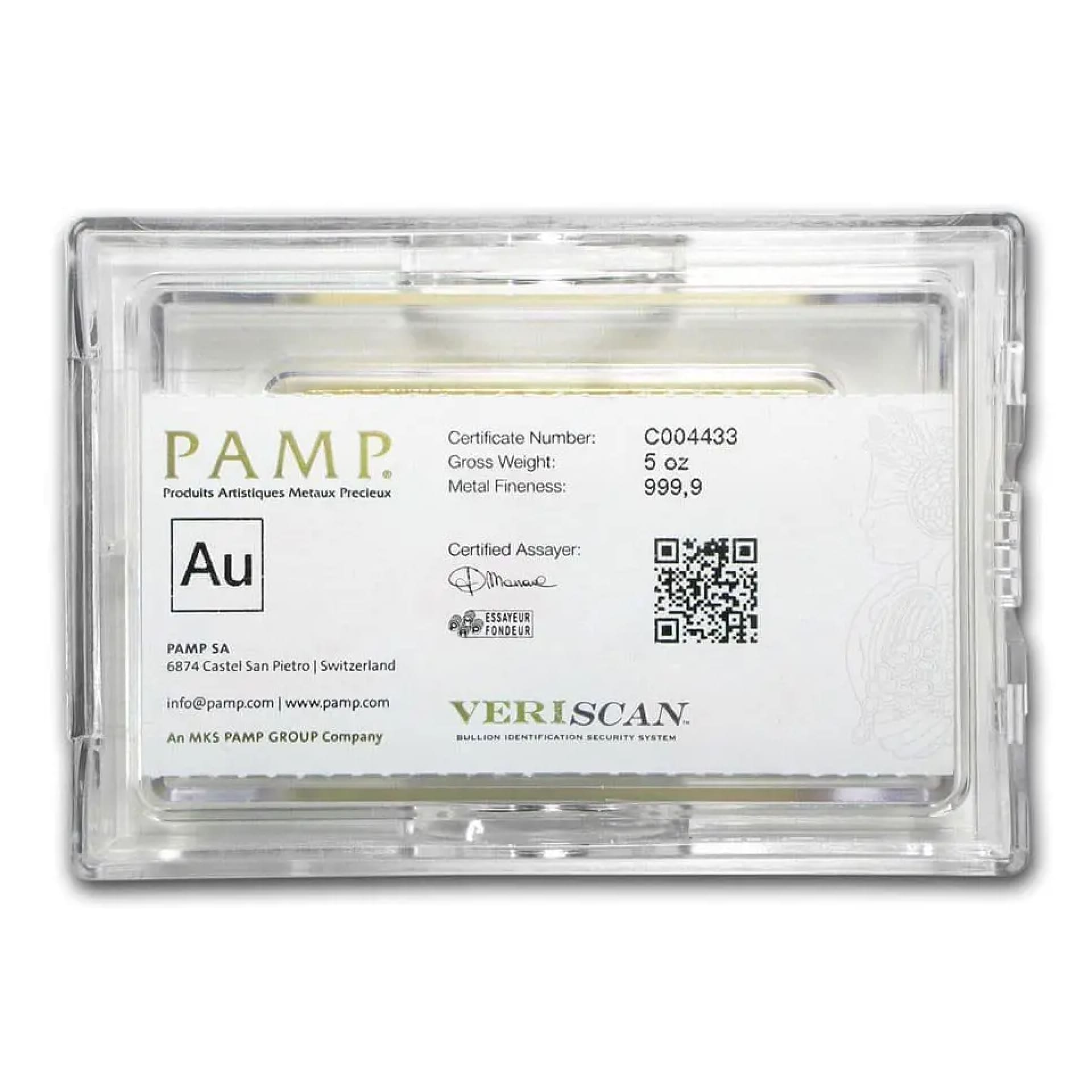 5 oz PAMP Suisse Lady Fortuna bar sealed in assay card