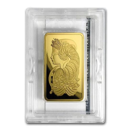 Obverse of 5 oz PAMP Suisse Lady Fortuna gold bar
