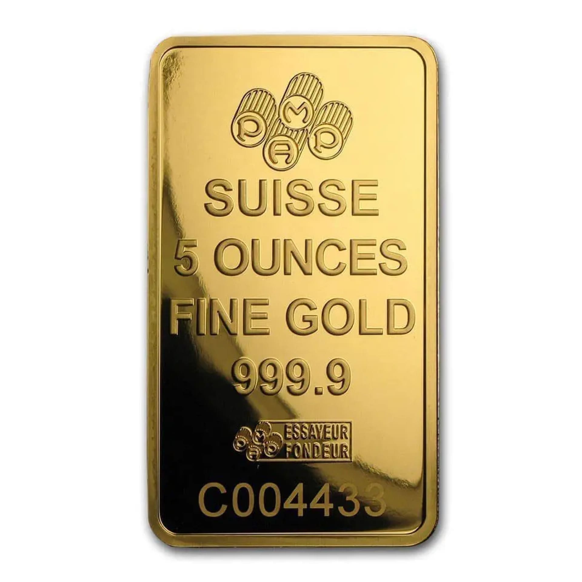 Reverse of 5 oz PAMP Suisse gold bar with serial and assay stamp