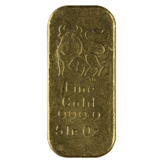 Obverse of a 5 oz LBMA-approved gold bar from a varied mint