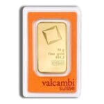 Obverse of 50 gram Valcambi Suisse gold bar featuring logo and inscriptions