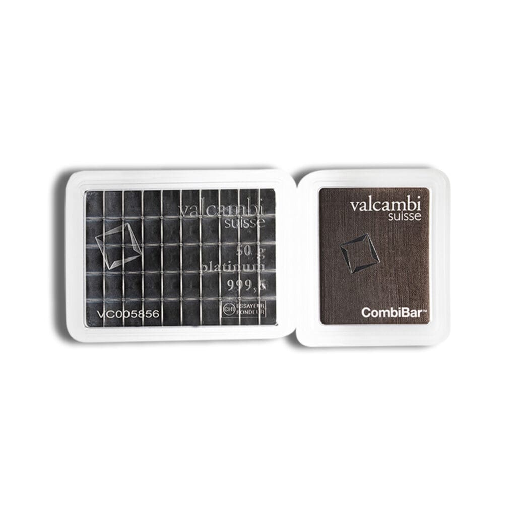 Obverse of 50 x 1 gram Valcambi Platinum CombiBar with logo and purity