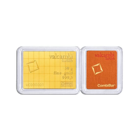 Obverse of 50 x 1 gram Valcambi Suisse Platinum CombiBar featuring individual bar details