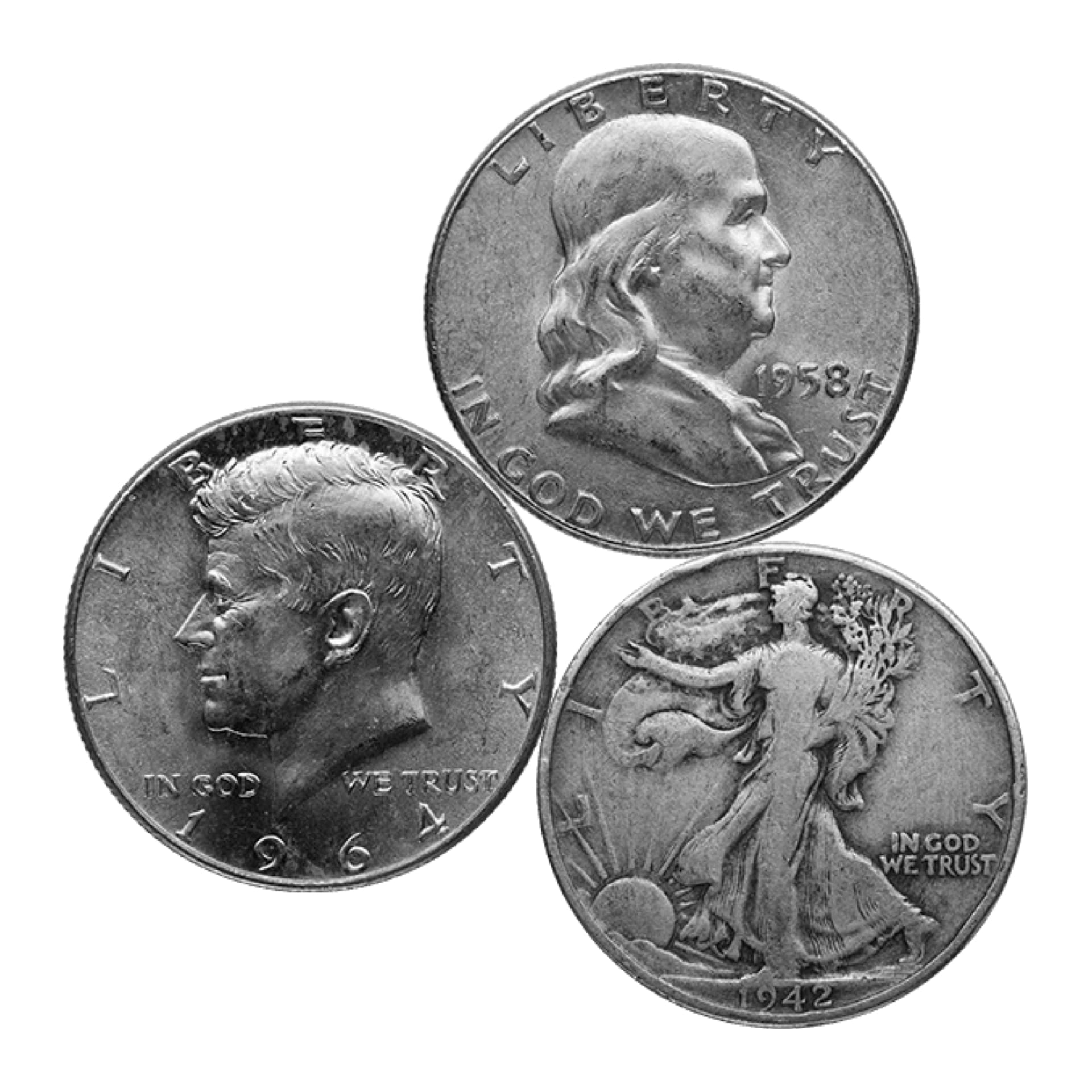 Obverse view of mixed 90% silver half dollars