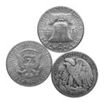 Reverse view of mixed 90% silver half dollars