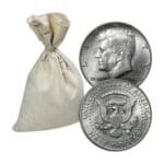 Bag of 90% Silver Kennedy Half Dollars with sample obverse and reverse coins
