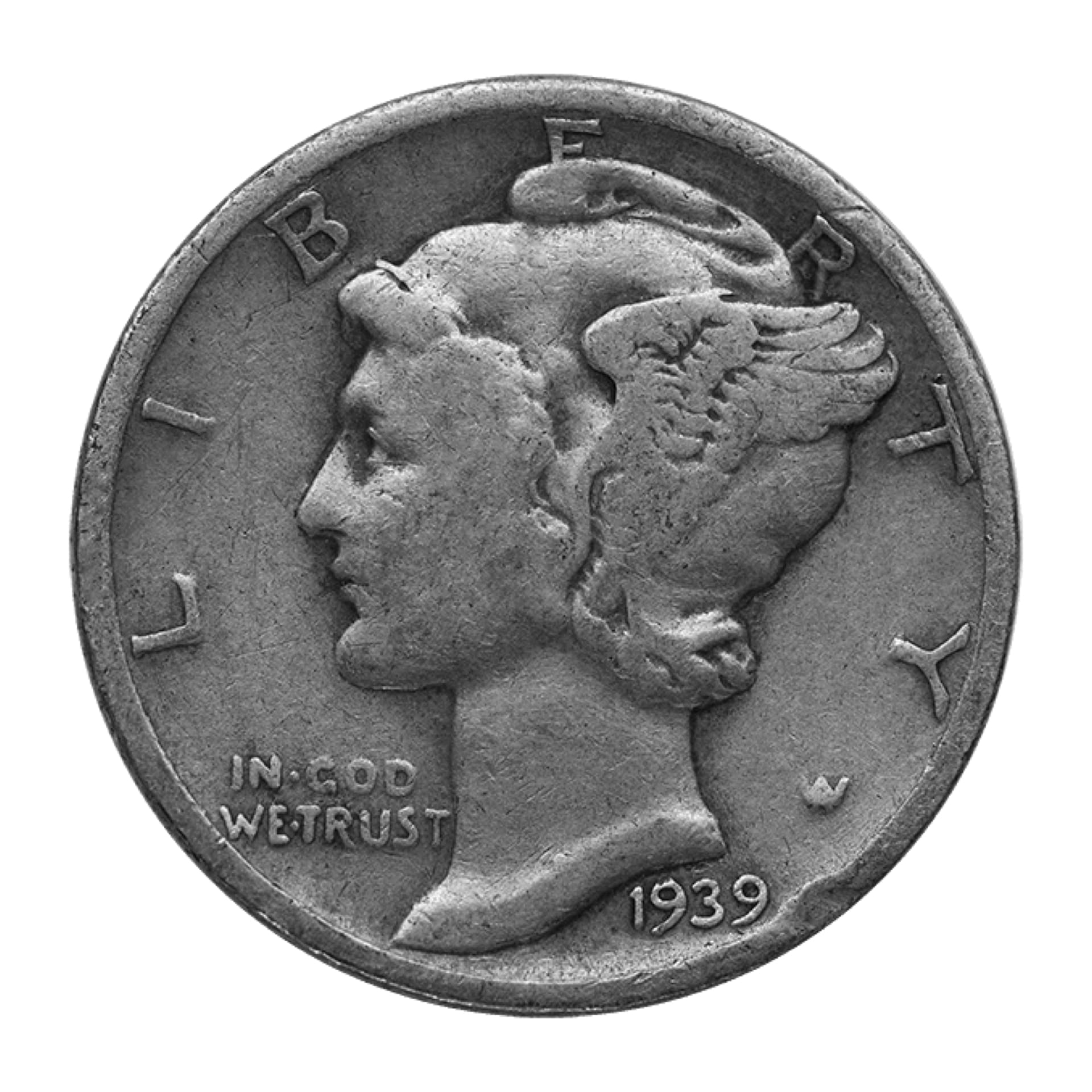 Obverse of 90% Silver Mercury Dimes featuring Liberty’s winged cap