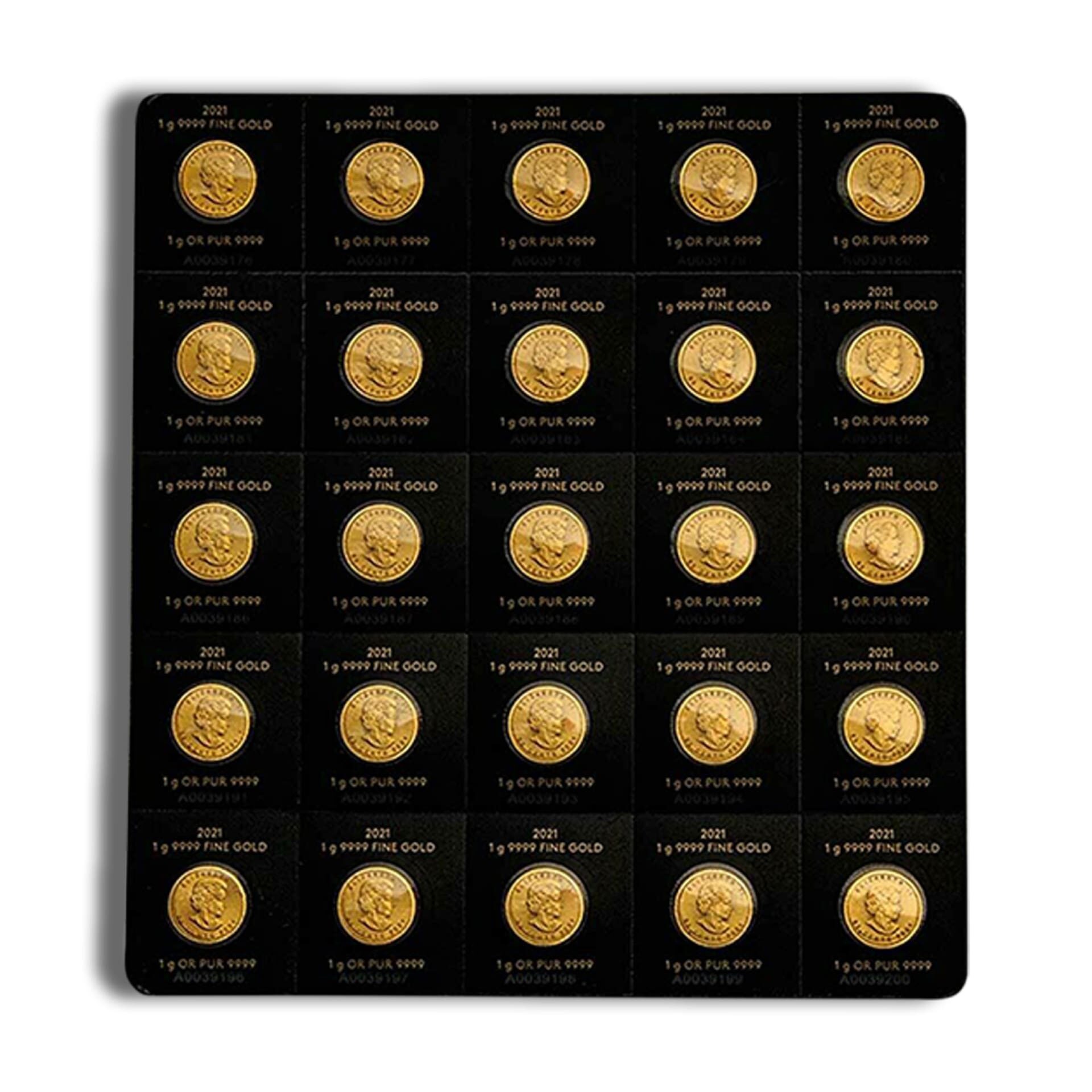 Canadian MapleGram 25 x 1 gram Gold Coins Obverse Unboxed – Varied Year