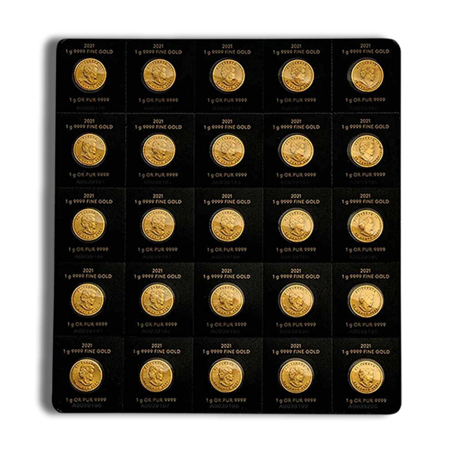 Canadian MapleGram 25 x 1 gram Gold Coins Obverse Unboxed – Varied Year