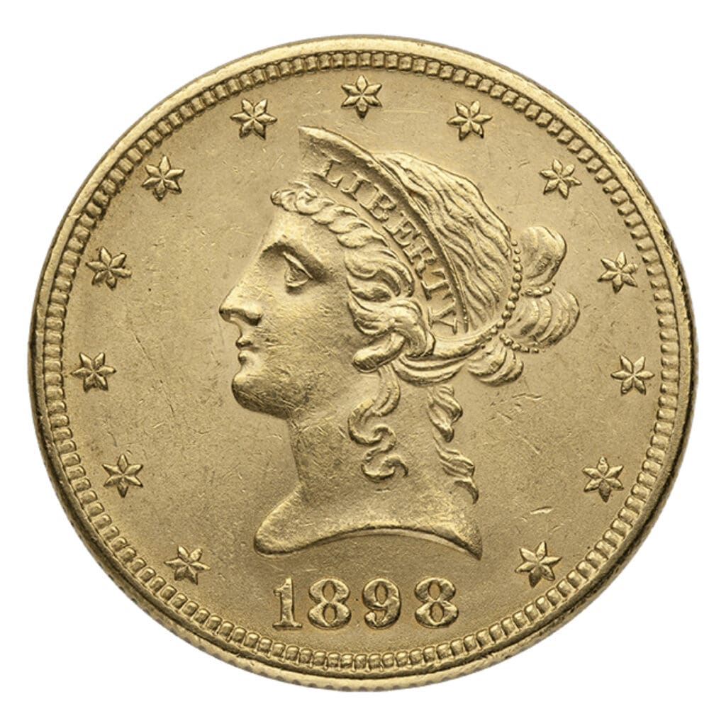 $10 Liberty Gold Eagle AU – obverse, About Uncirculated U.S. coin with Liberty head design