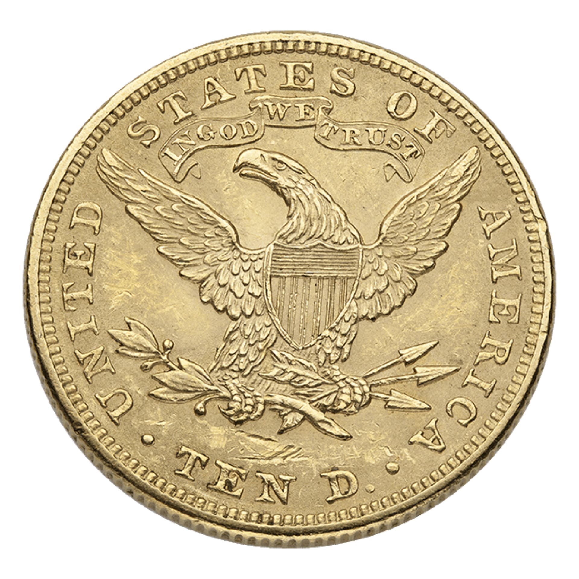 $10 Liberty Gold Eagle AU – reverse, About Uncirculated U.S. coin with eagle and shield design