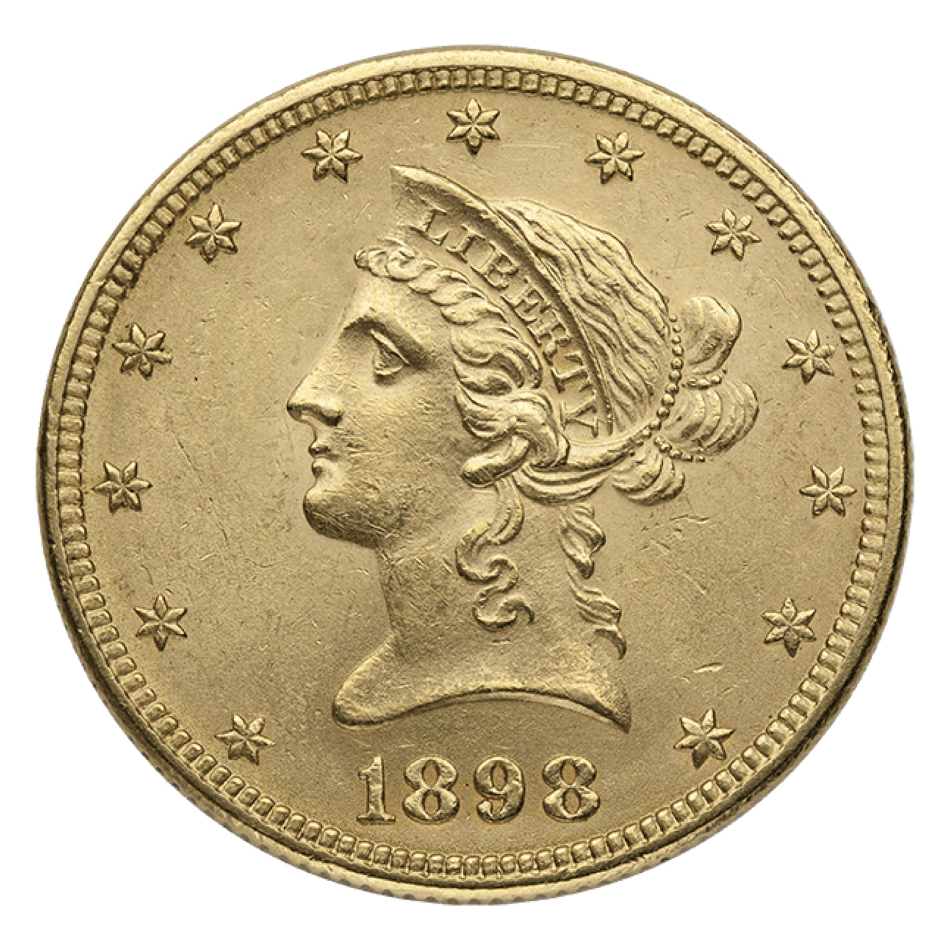 $10 Liberty Gold Eagle AU – obverse, About Uncirculated U.S. coin with Liberty head design