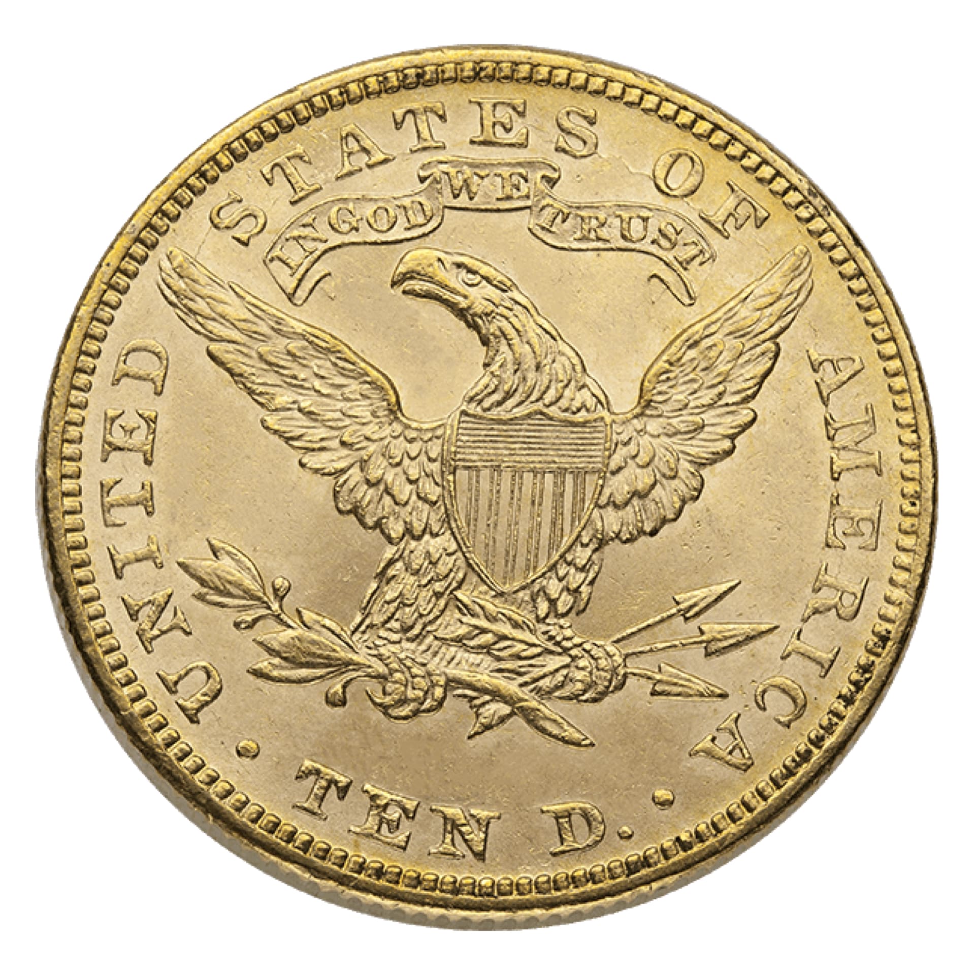 $10 Liberty Gold Eagle BU – reverse, Brilliant Uncirculated U.S. coin with eagle and shield design