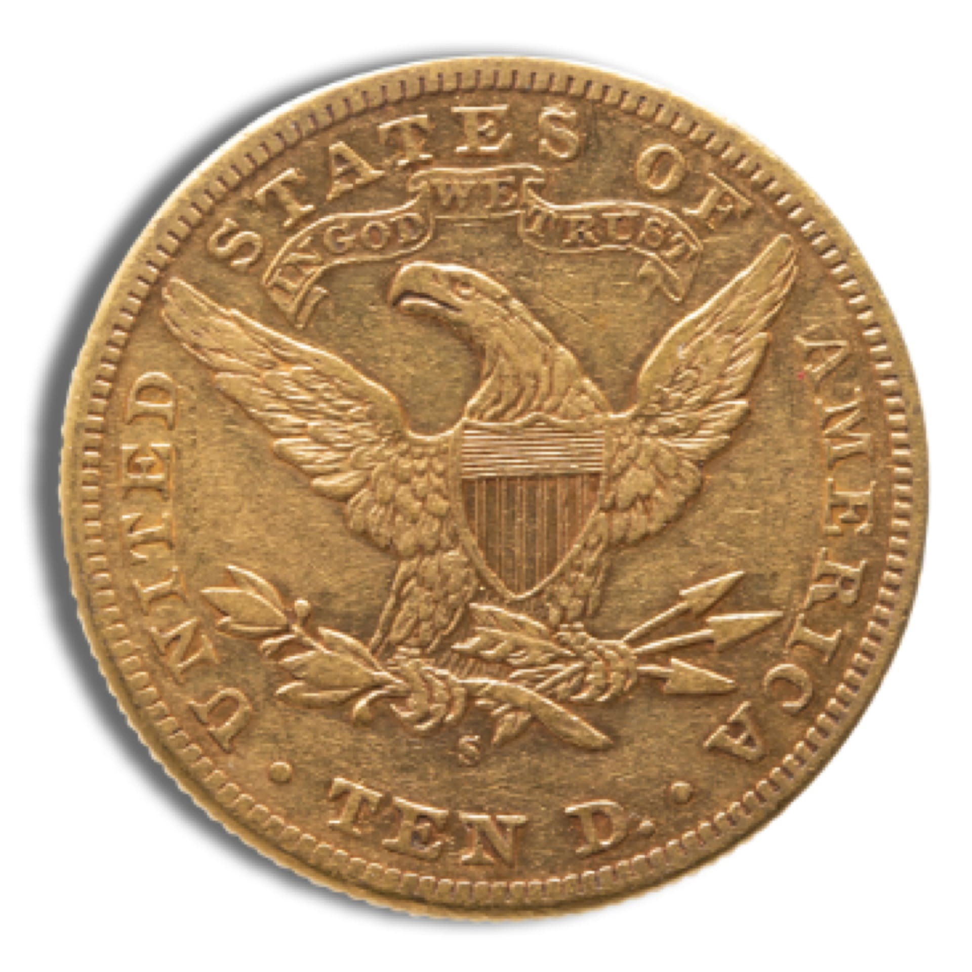 $10 Liberty Gold Eagle VF – reverse, Very Fine U.S. coin with heraldic eagle design