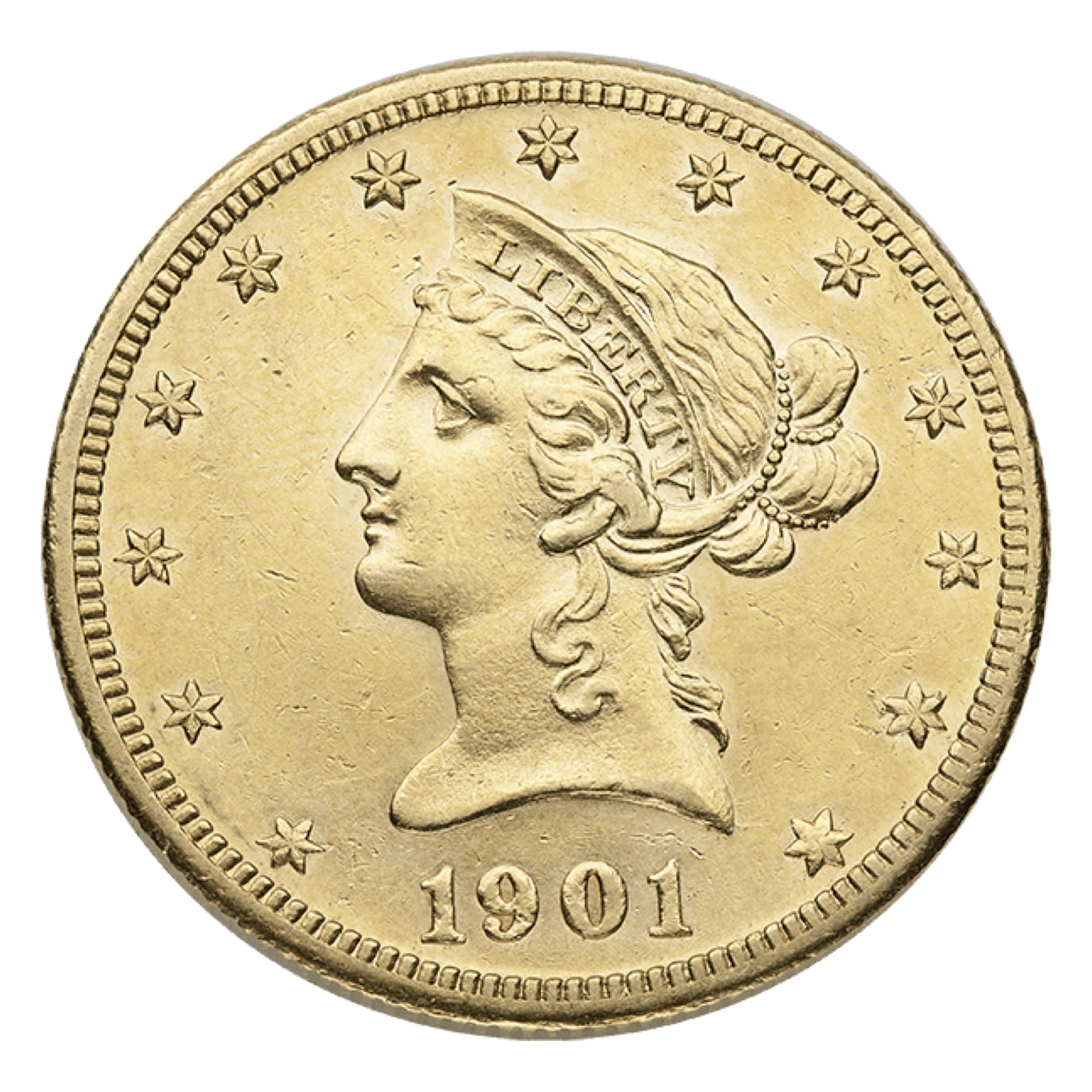 $10 Liberty Gold Eagle XF – obverse, Extra Fine U.S. coin with Liberty head design