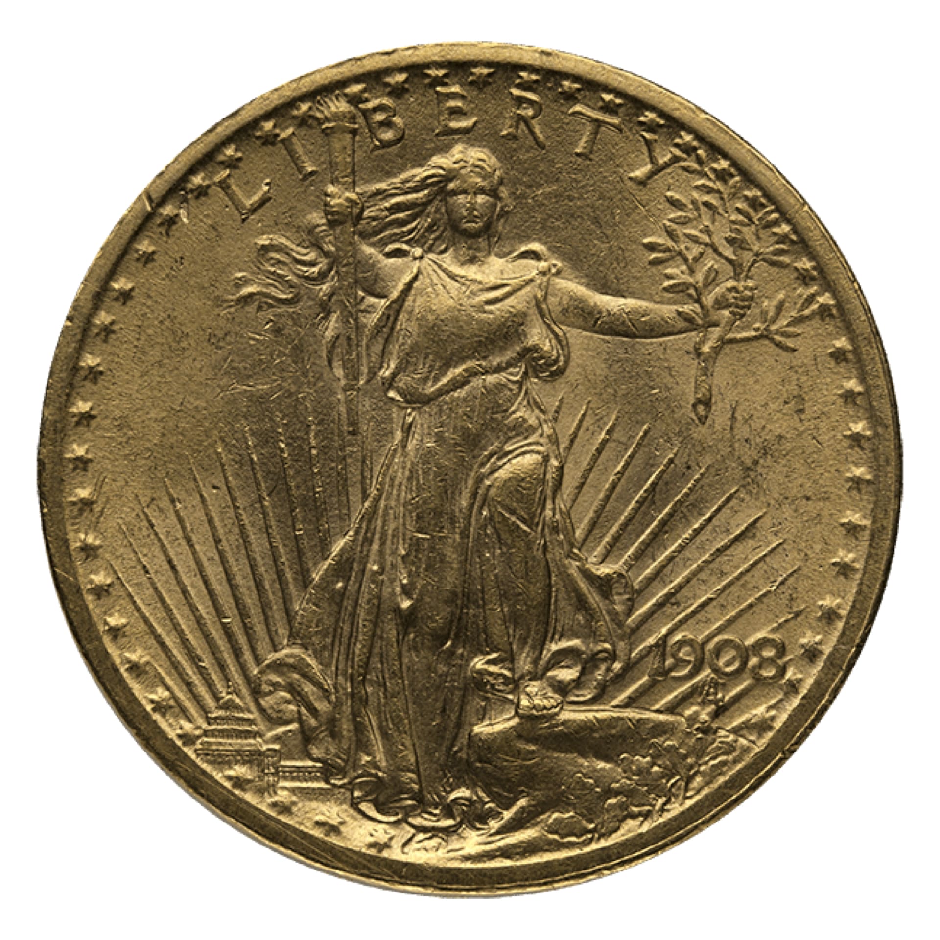 $20 St. Gaudens Double Eagle AU – obverse, About Uncirculated U.S. gold coin with Liberty striding design
