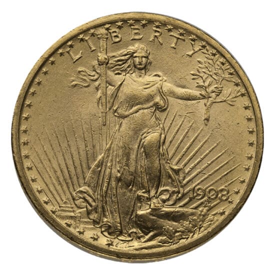 $20 St. Gaudens Double Eagle BU – obverse, Brilliant Uncirculated U.S. gold coin with Liberty design