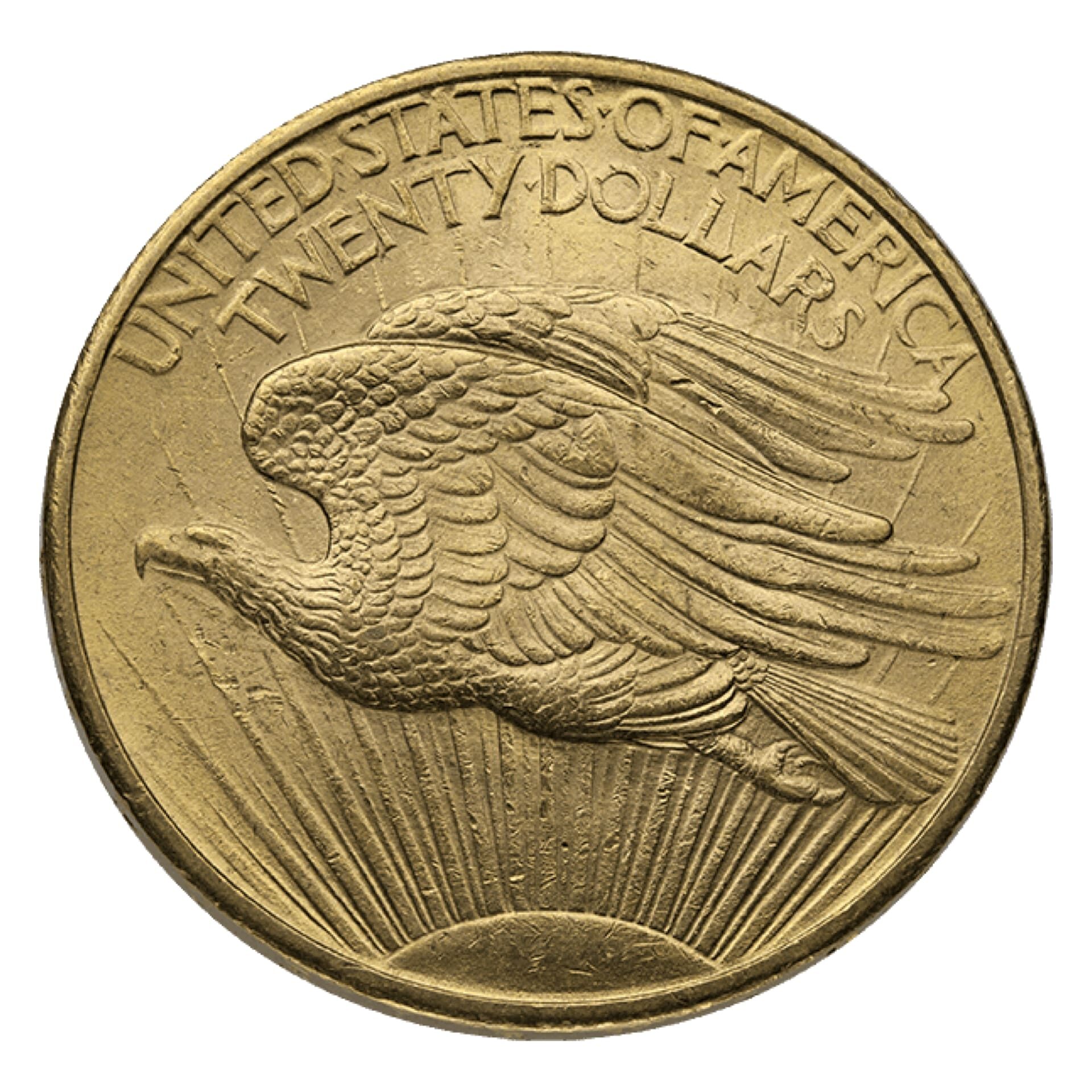 $20 St. Gaudens Double Eagle BU – reverse, Brilliant Uncirculated U.S. gold coin with eagle design