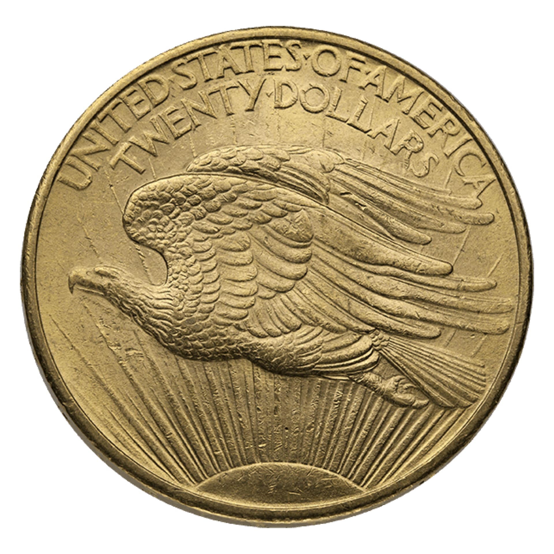 $20 St. Gaudens Double Eagle BU – reverse, Brilliant Uncirculated U.S. gold coin with eagle design