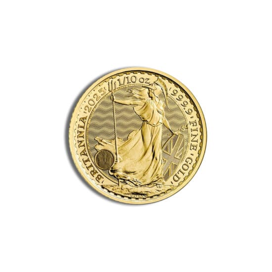 Obverse of 2025 Gold Britannia 1/10 oz BU coin