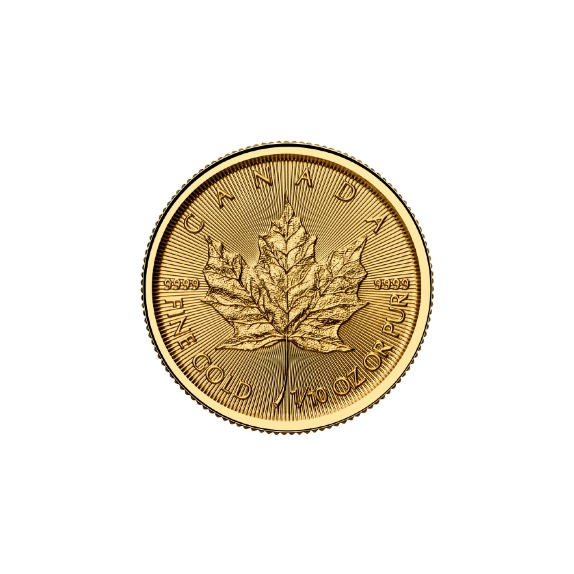 Obverse of 2025 Canadian Gold Maple Leaf 1/10 oz coin with King Charles III