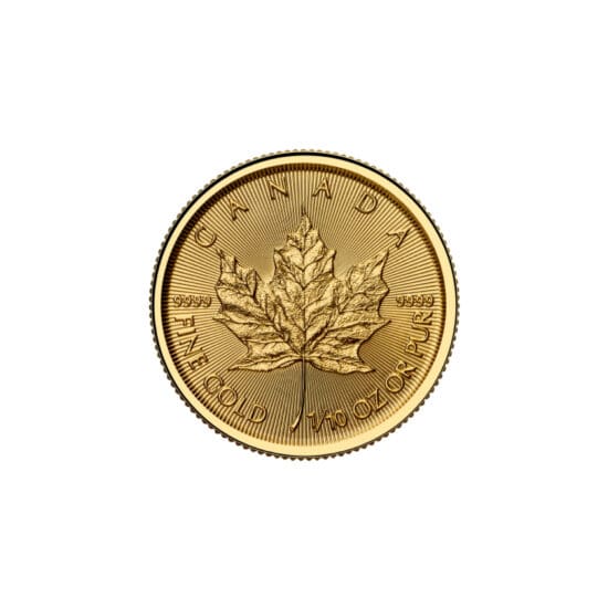 Obverse of 2025 Canadian Gold Maple Leaf 1/10 oz coin with King Charles III