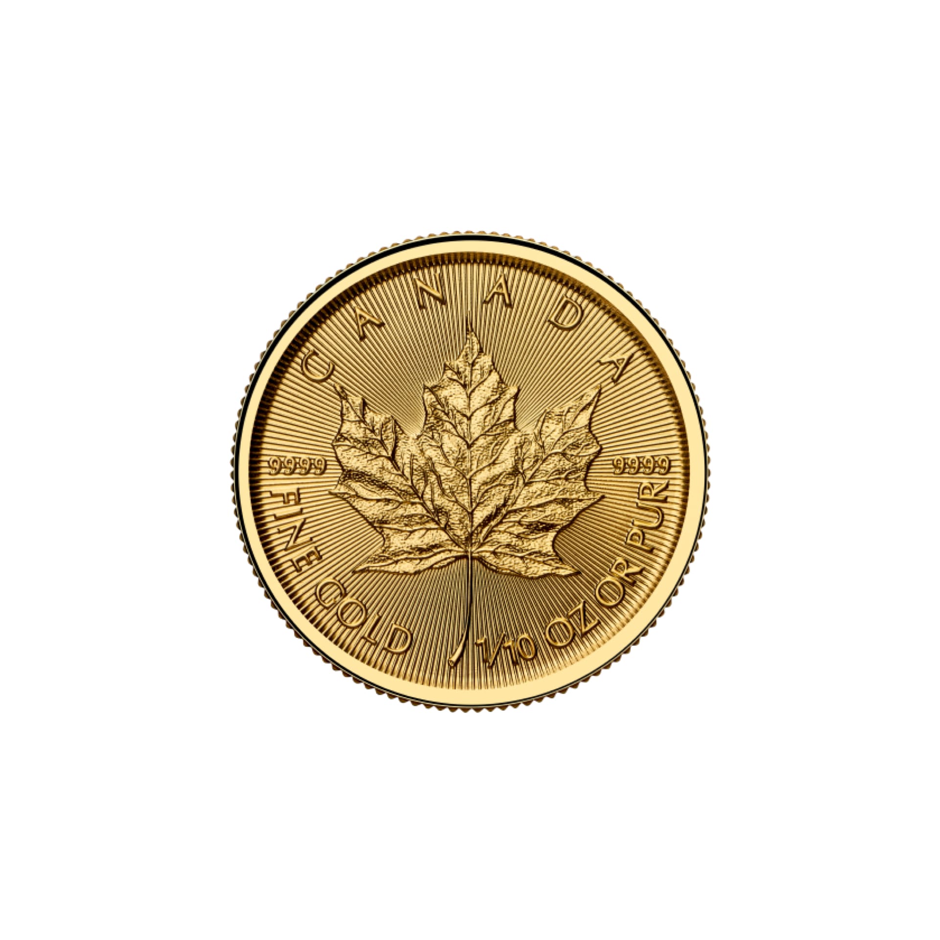Obverse of 2025 Canadian Gold Maple Leaf 1/10 oz coin with King Charles III