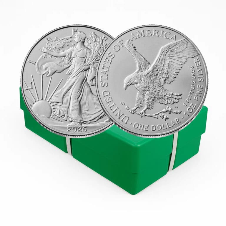 2026 American Silver Eagle obverse showing Walking Liberty design displayed above sealed green monster box