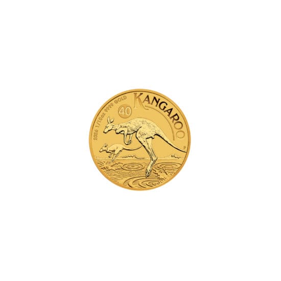 Australian Gold Kangaroo 1 10 oz coin with kangaroo and joey design
