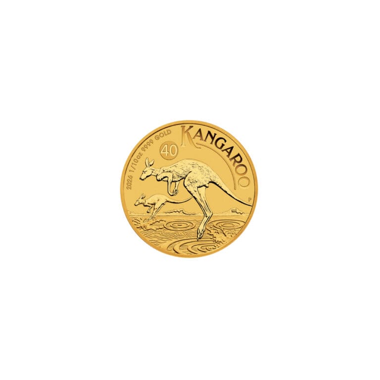 Australian Gold Kangaroo 1 10 oz coin with kangaroo and joey design