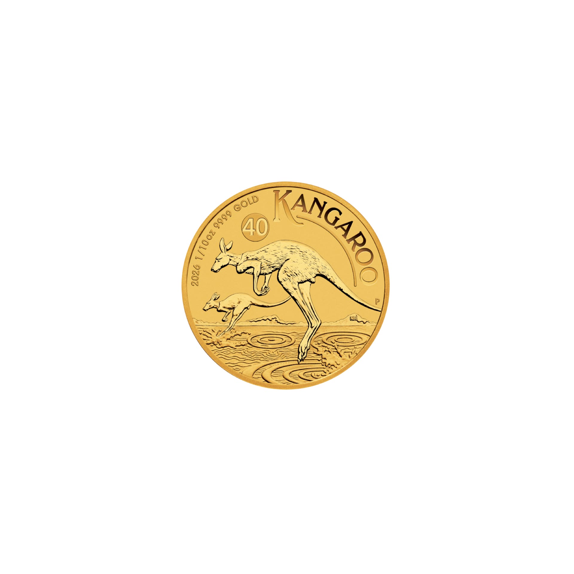 Australian Gold Kangaroo 1 10 oz coin with kangaroo and joey design