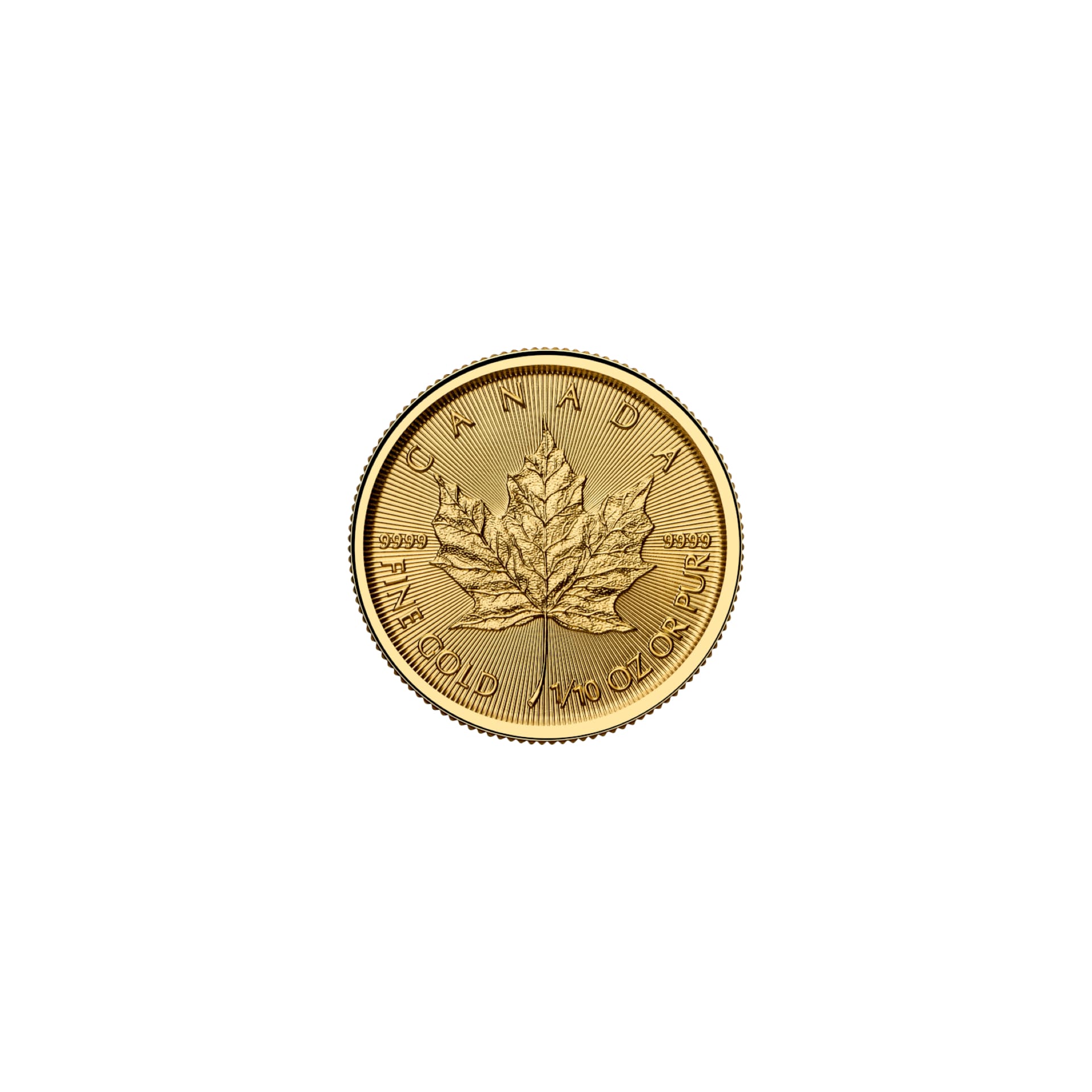 Canadian Gold Maple Leaf one tenth oz coin reverse with maple leaf design