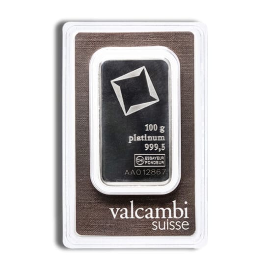Obverse of Valcambi 100 gram platinum bar