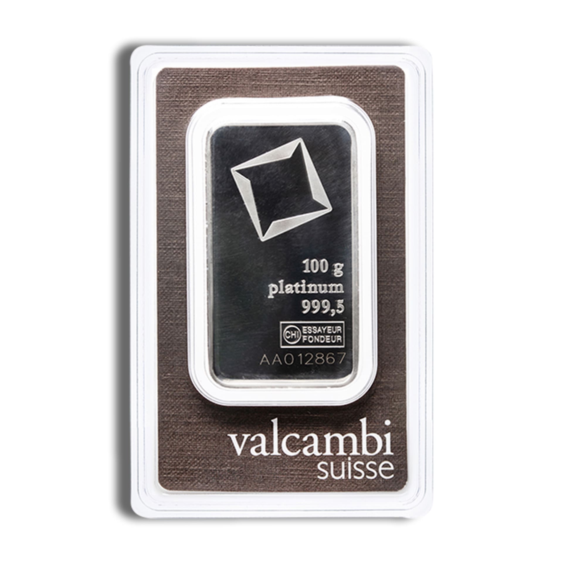 Obverse of Valcambi 100 gram platinum bar