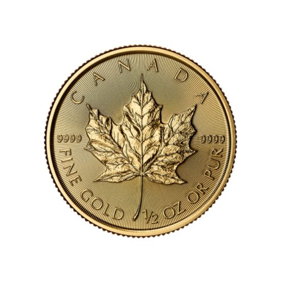 Reverse of 2025 Canadian Gold Maple Leaf 1/2 oz coin featuring maple leaf design