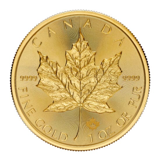 Reverse of 2025 Gold Maple Leaf 1 oz coin with maple leaf design