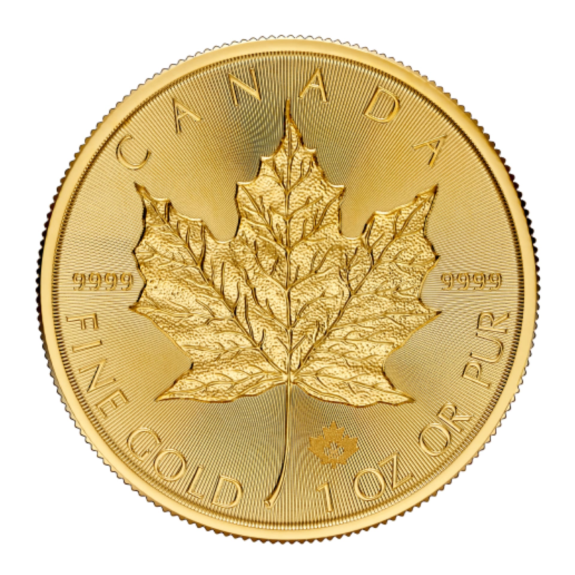 Reverse of 2025 Gold Maple Leaf 1 oz coin with maple leaf design