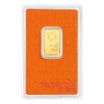 Obverse of 5 gram Valcambi Suisse gold bar featuring logo and inscriptions