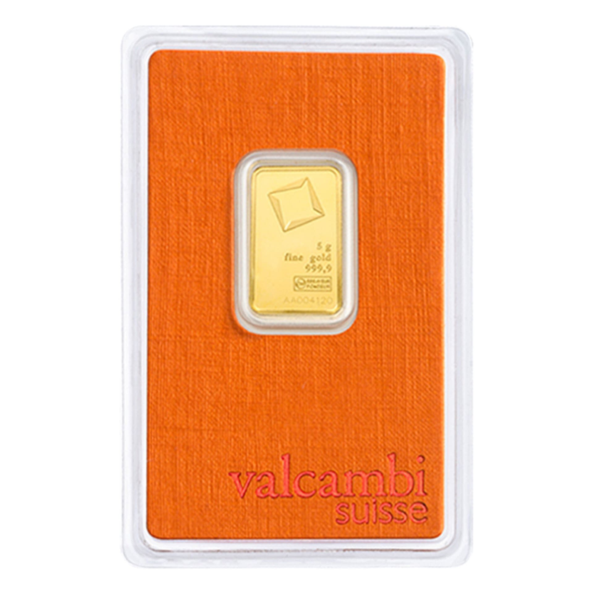 Obverse of 5 gram Valcambi Suisse gold bar featuring logo and inscriptions