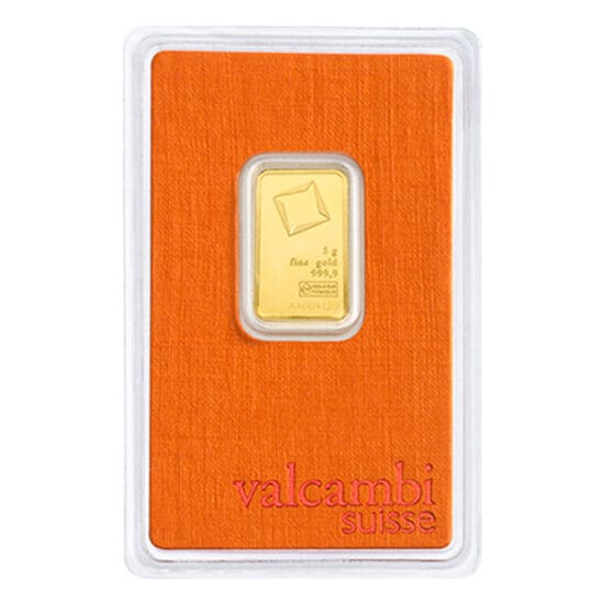 Obverse of 5 gram Valcambi Suisse gold bar featuring logo and inscriptions