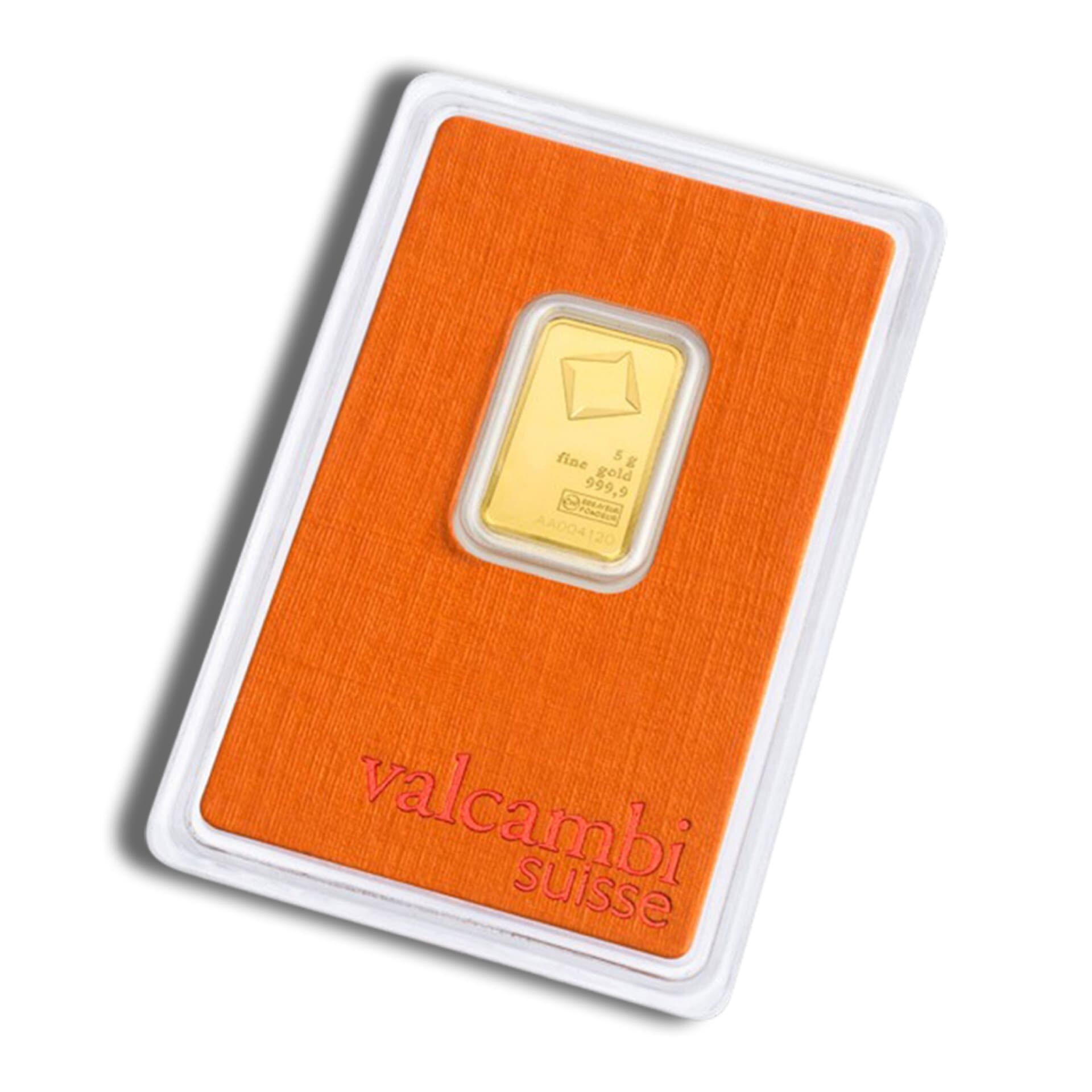 5 gram Valcambi Suisse gold bar in assay, obverse angled view showing .9999 fine detail