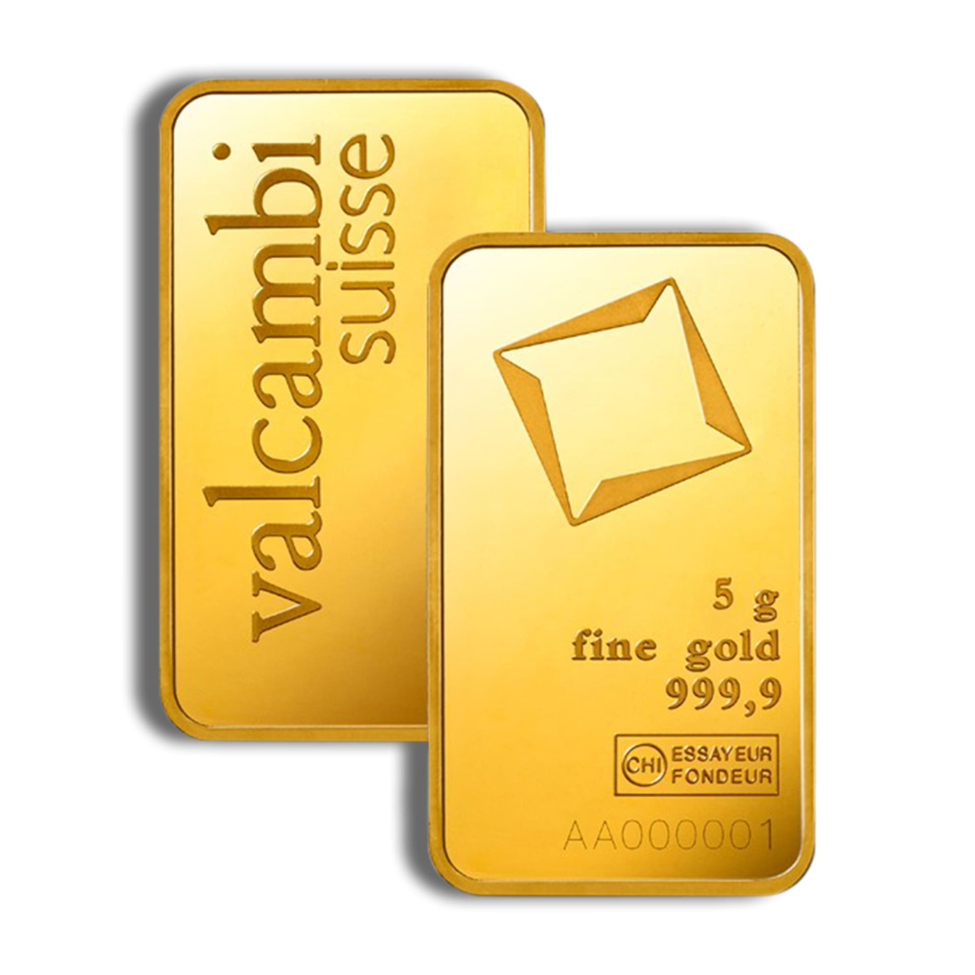 5 gram Valcambi Suisse gold bar raw view front and back with .9999 fine gold detail