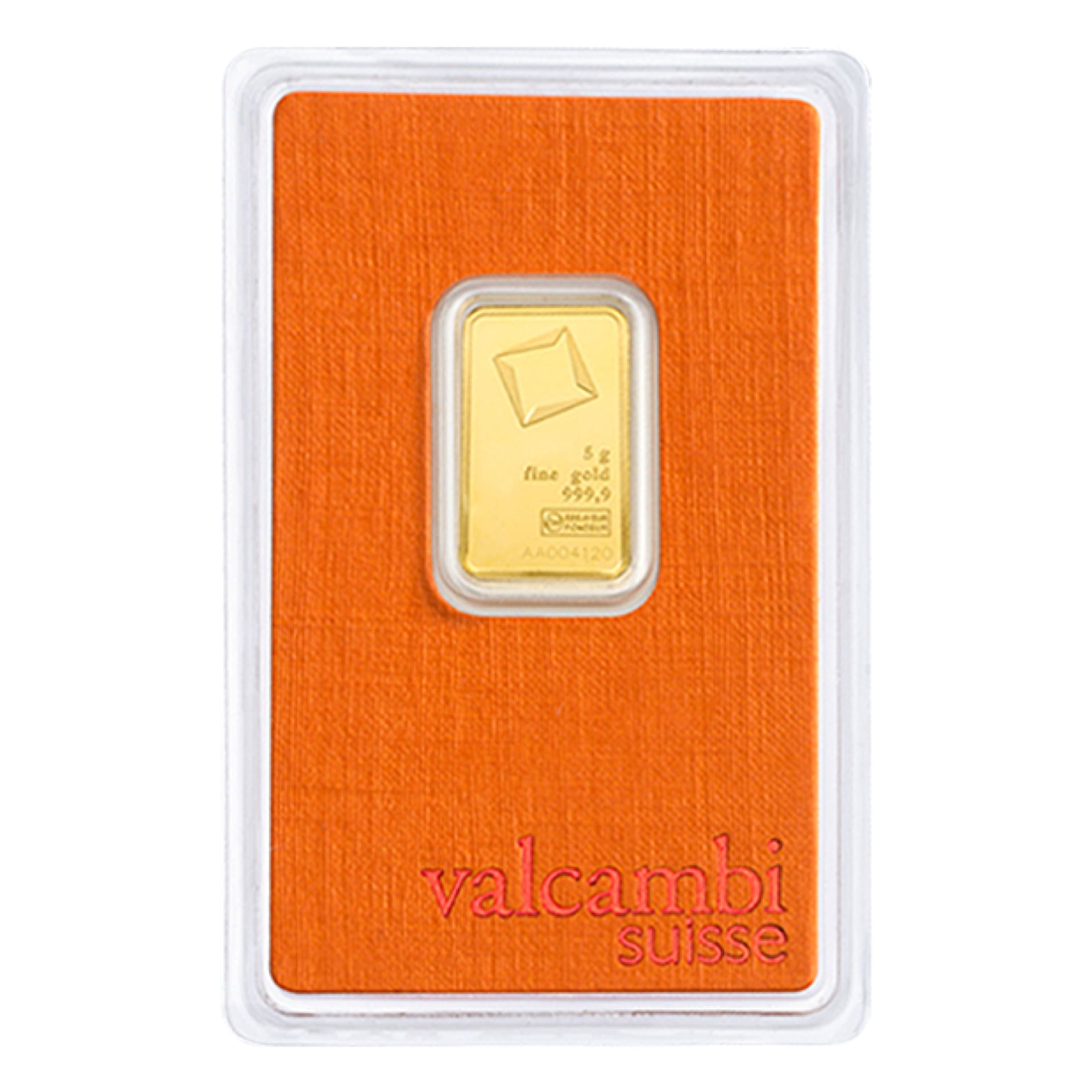 Obverse of 5 gram Valcambi Suisse gold bar featuring logo and inscriptions