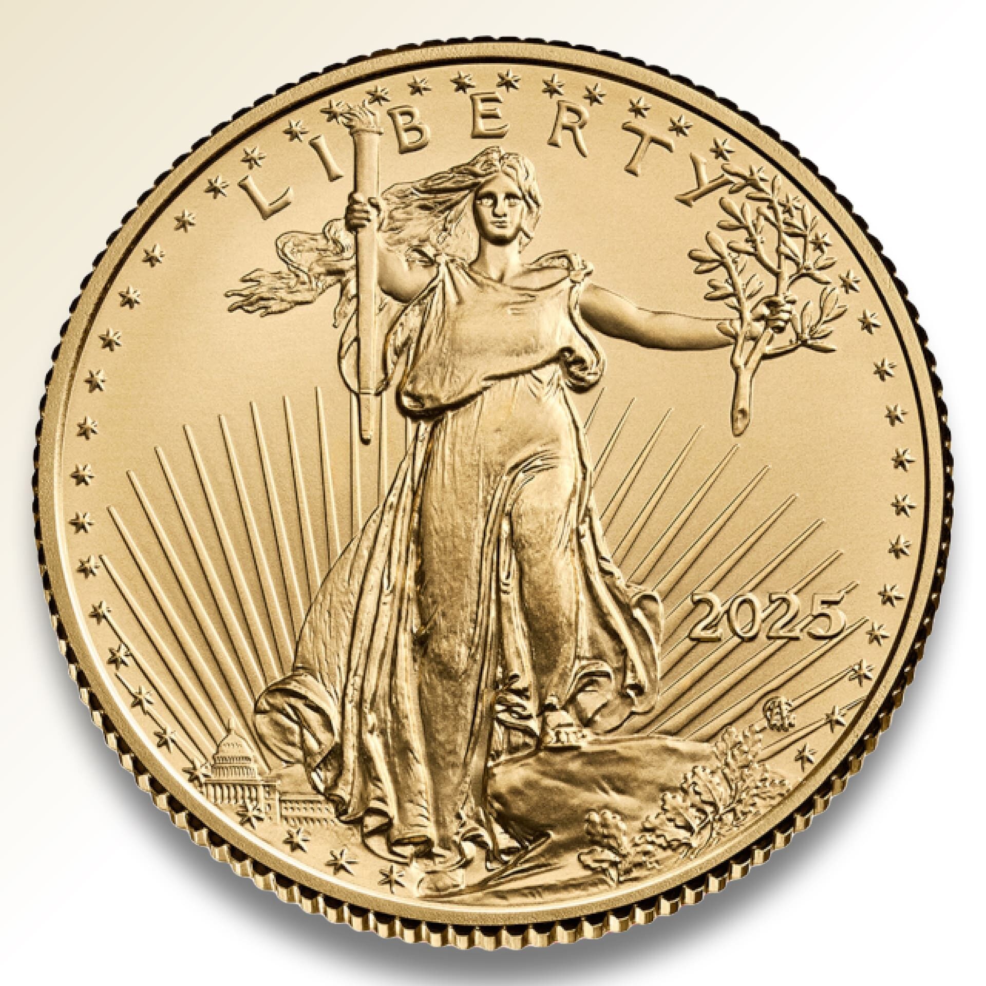 2025 1 oz American Gold Eagle 1 oz coin – .9167 fine gold, Obverse with gradient background, U.S. Mint