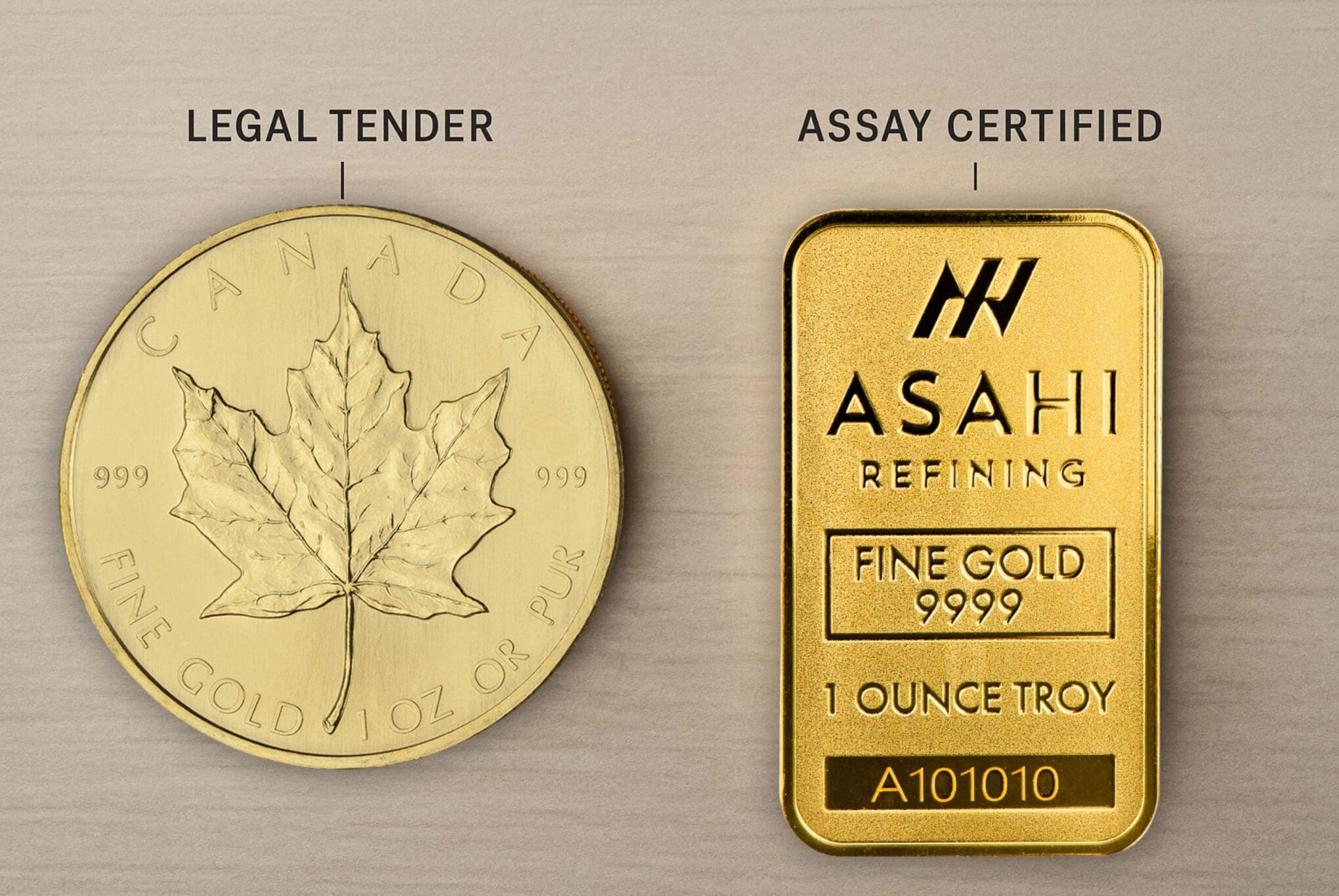 Side-by-side image of a 1 oz gold coin and a gold bar on a neutral background—comparison for beginner buyers.