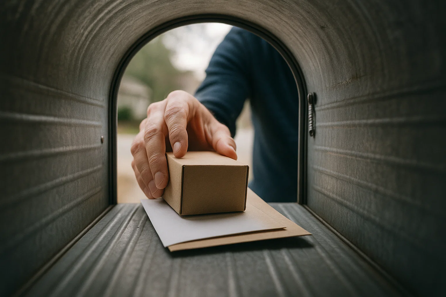 Person retrieving discreet gold package from mailbox—secure delivery of physical gold purchased online.