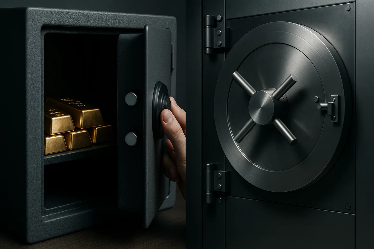 Split image of gold stored in a home safe and a professional vault—illustrating secure gold storage options.