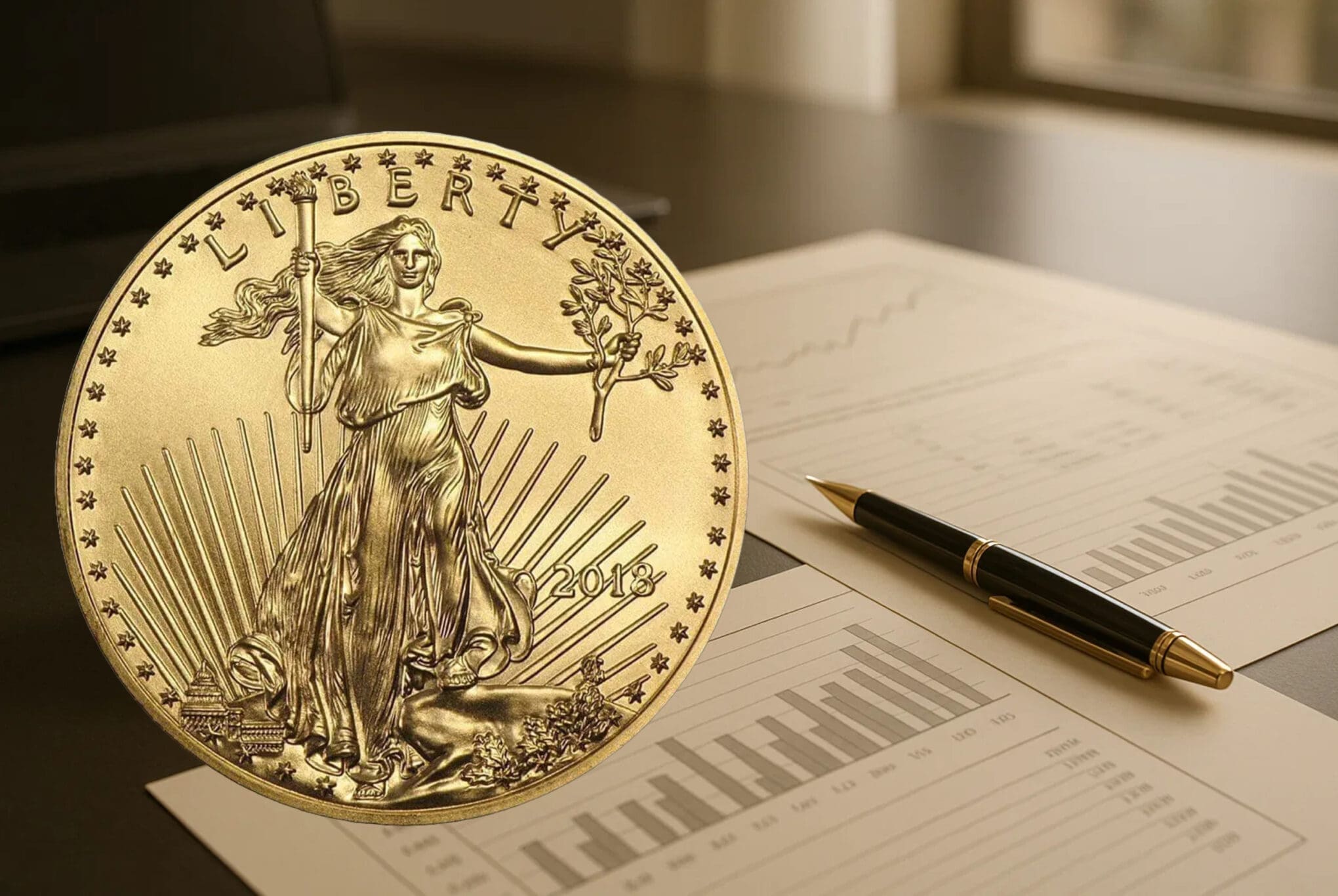 Gold coin next to retirement documents and a pen on a financial planning desk for IRA approved gold