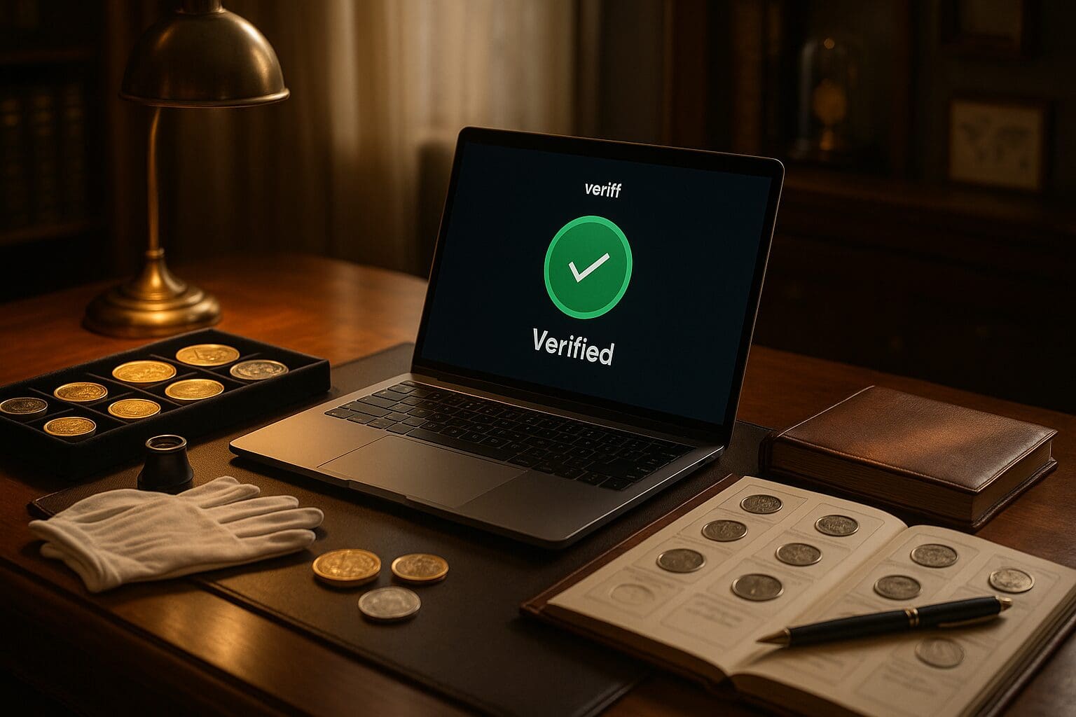 Coin collector desk with laptop showing Veriff verification badge
