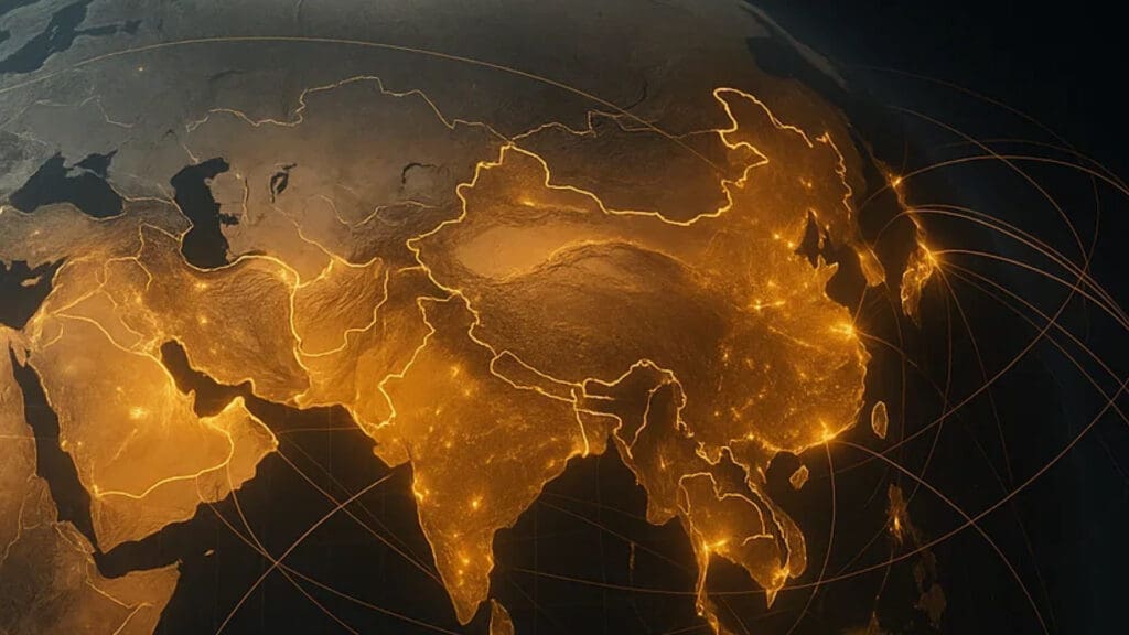 BRICS gold network visualized with glowing trade lines across Asia, Africa, and the Middle East